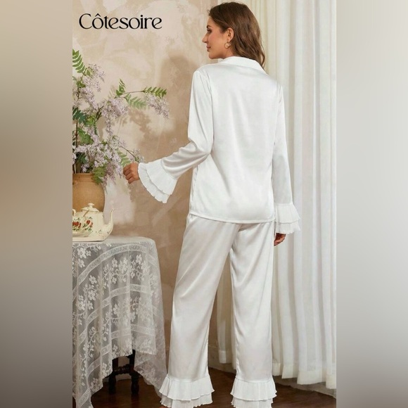 Satin Blouse Ruffle Flutter Hem PJ Set - Picture 2 of 8